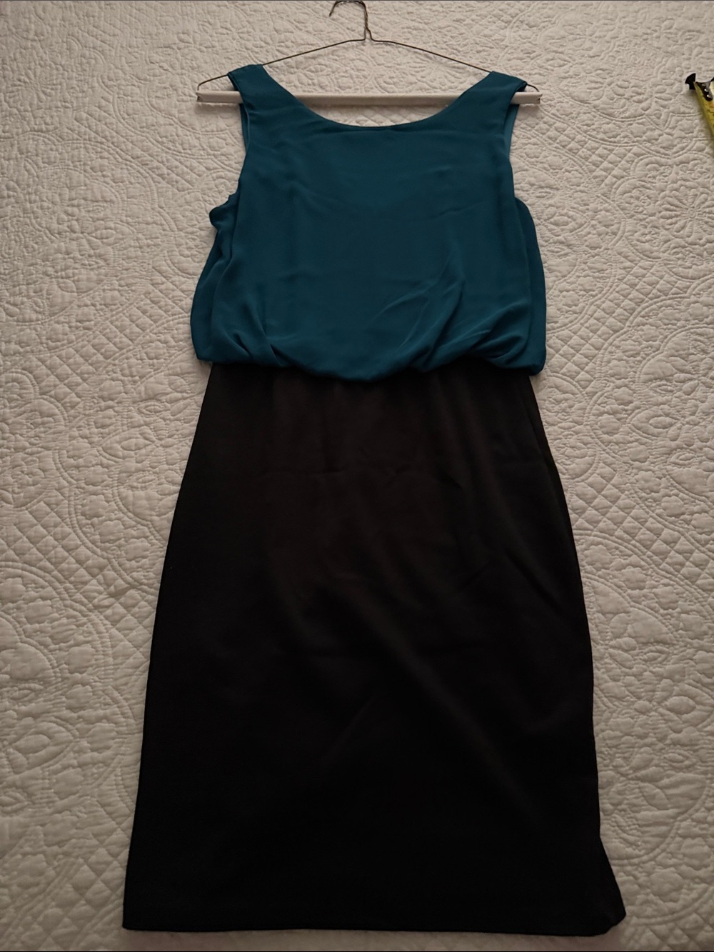 Everly Teal and Black Sleeveless Blouson top with stretch bottom Dress, v back